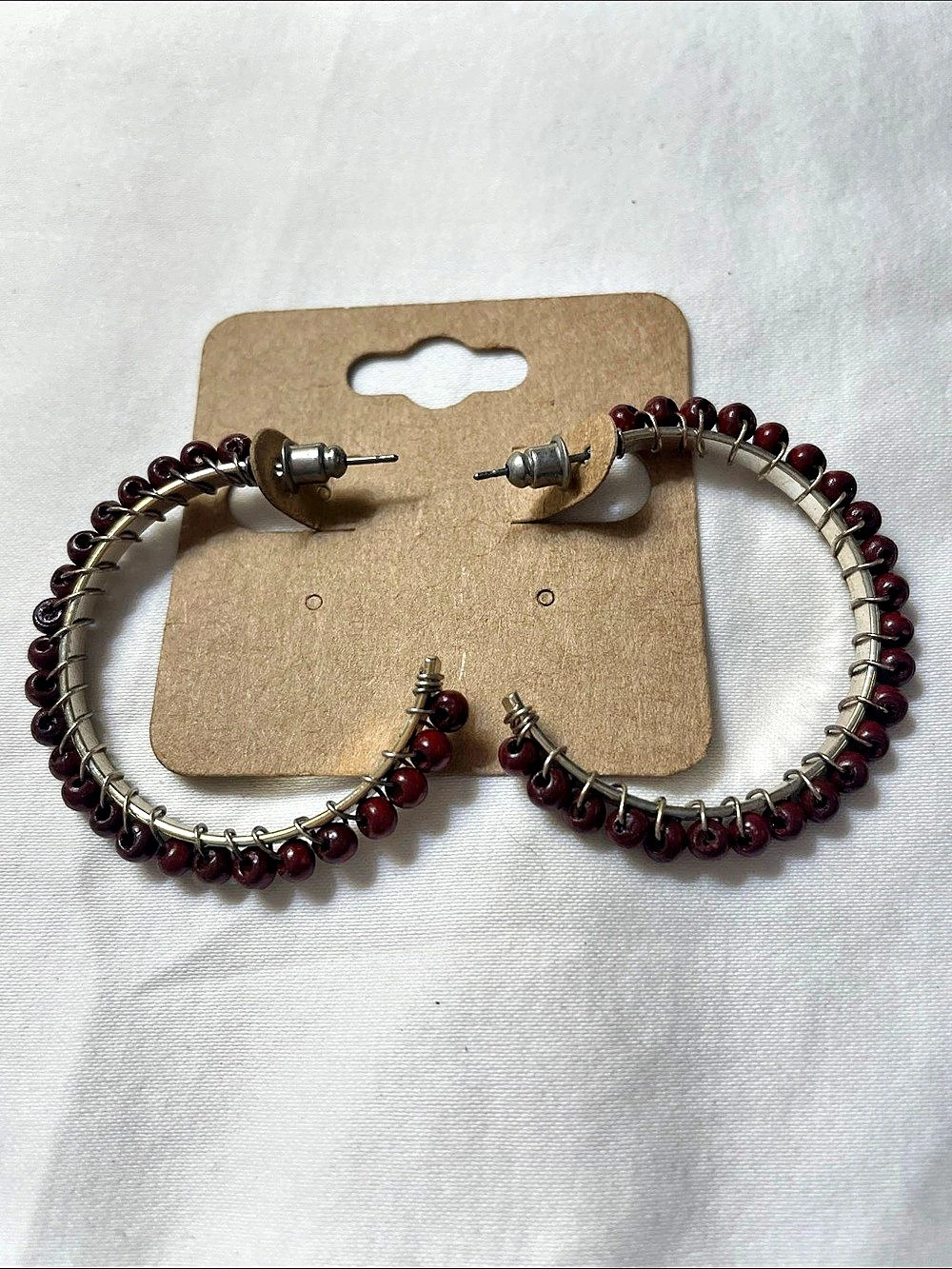 Beaded Hoop Earrings in Silver & Mahogany wood  Like New 1.5” hoop